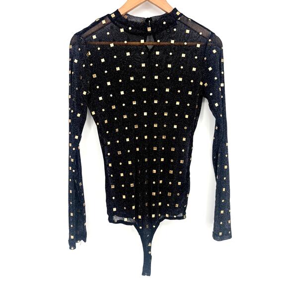 Lulus Rooftop Party Black and Gold Print Sheer Mesh Bodysuit Size M - Picture 6 of 10